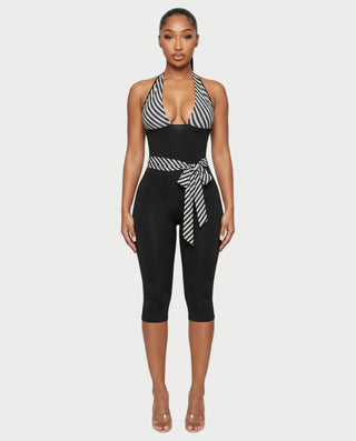 ZIAH Monochrome Striped Halter Neck Tie-Waist Capri Romper