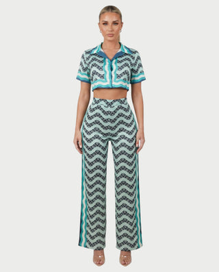 JODI Satin Geo Wave Collared Top & Pants Set