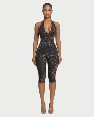 ELIVRA Leopard Print Halter Capri Jumpsuit