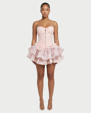 ELAROSE Satin Ruffle Mini Skirt & Lace Corset Top Set
