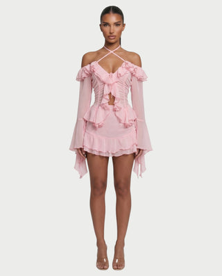 ZAFORA Ruched Chiffon Top & Ruffle Mini Skirt Set