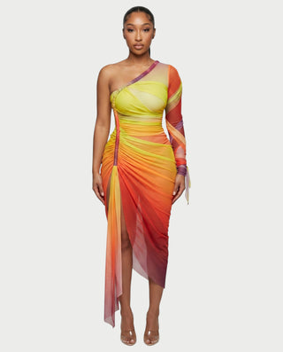 LUMEA One-Shoulder Mesh Drape Maxi Dress