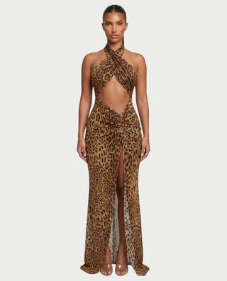 EMPRESS Leopard Print Halter Neck Slit Maxi Dress