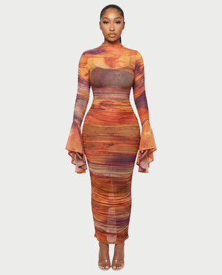 TAZARA Gradient Mesh Long Sleeves Maxi Dress
