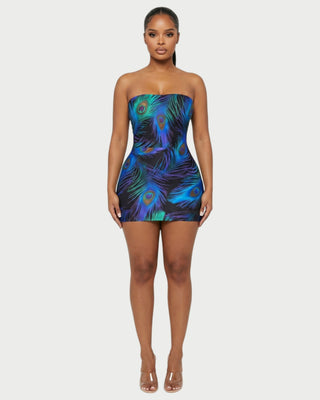 ALLISON Peacock Feather Print Tube-top Mini Dress – Celestia