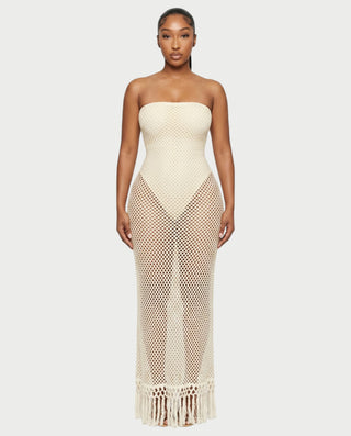 SHREYA Strapless Fishnet Fringe Hem Maxi Dress - Black / XS - Women's Fashion SHREYA Strapless Fishnet Fringe Hem Maxi Dress - Black / XS - Women's Fashion