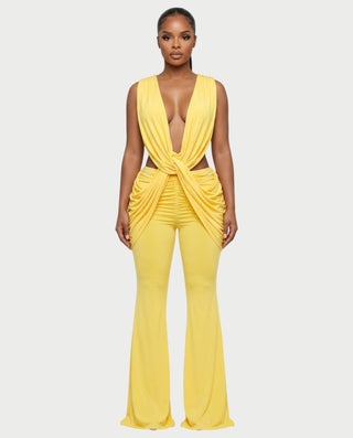 DERYN Plunge Twist Front Draped Flare Jumpsuit