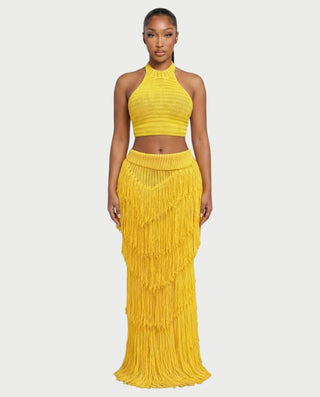 EVANIA Crochet Fringe Halter Top & Maxi Skirt Set