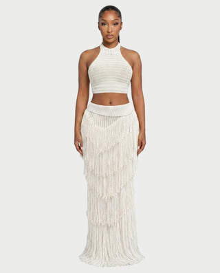EVANIA Crochet Fringe Halter Top & Maxi Skirt Set