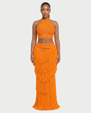 EVANIA Crochet Fringe Halter Top & Maxi Skirt Set