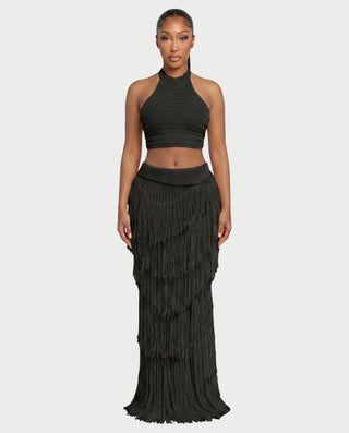 EVANIA Crochet Fringe Halter Top & Maxi Skirt Set