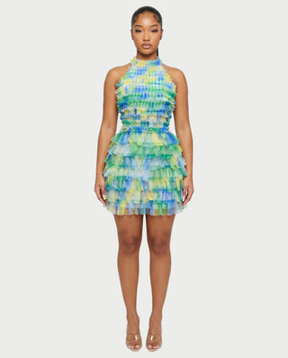 ESHNA Layered Frill High Neck Mini Dress