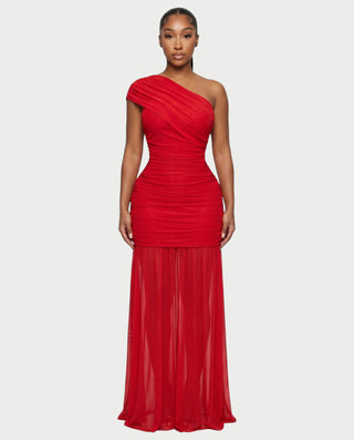 VAREN One-Shoulder Ruched Mesh Maxi Dress