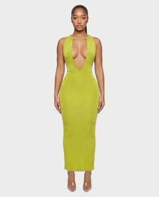 MIRVANE Plunge Halter Bodycon Maxi Dress