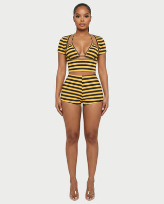 ARONA Striped Square Neck Crop Top & Shorts Three-Piece Set