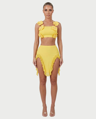 MAYINA Floral Appliqué Ruffle Skirt Set