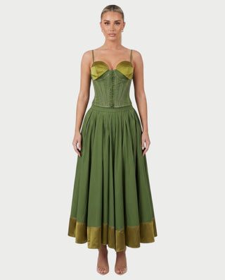 NOANA Satin Trim Corset & Flowy Midi Skirt Set