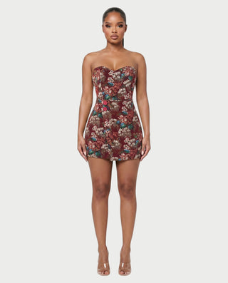 PRISCILLA Vestido mini sin tirantes con brocado floral