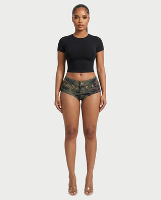 EVANYA Camo Grommet Low-Rise Micro Shorts