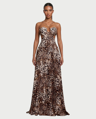 Vestido largo con cuello halter y aberturas con estampado de leopardo de FORTUNE