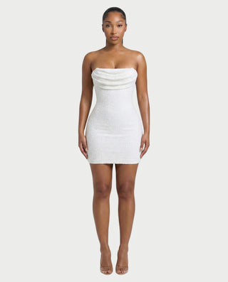 CEVANA Beaded Cowl Drape Mini Dress