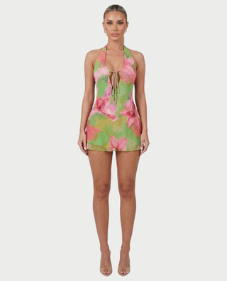 PORITA Floral Tie-Front Mesh Mini Dress