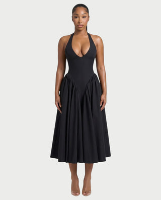 LORIA Halter Plunge Flared Midi Dress