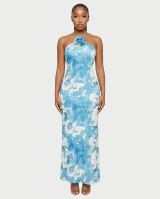 SHANE 3D Floral Applique Halter Maxi Dress