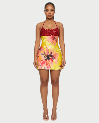 MAYANA Sequin Floral Halter Mini Dress