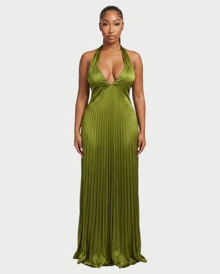Vestido largo plisado con escote en V y espalda descubierta de ADRIANA
