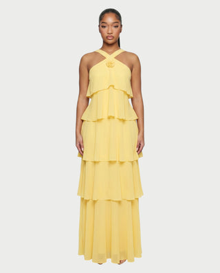 FAMY Rosette Cross-Halter Tiered Maxi Dress