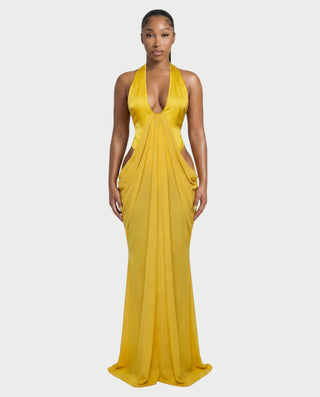 FIELLE Plunge Cutout Draped Maxi Dress