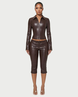 LONYA Faux Leather Jacket & Lace-Up Capri Pants Set