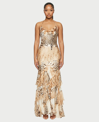 JHONA Leopard Halter Ruffle Hem Maxi Dress