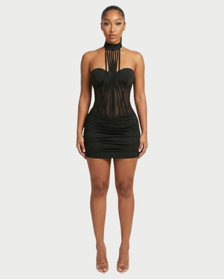 HANYA Strap Mesh Panel Ruched Mini Dress