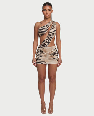 ELNA Zebra One Shoulder Ruched Mini Dress