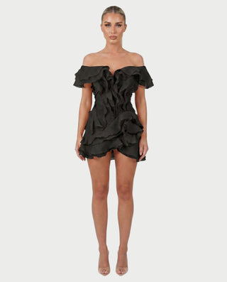 CARIMA Off-Shoulder Layered Ruffle Mini Dress