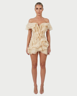 CARIMA Off-Shoulder Layered Ruffle Mini Dress