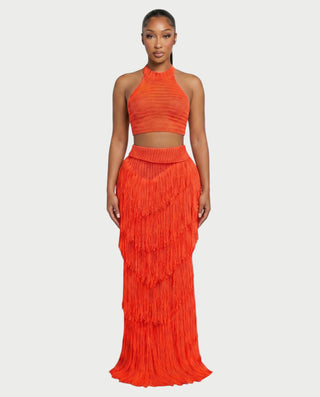 EVANIA Crochet Fringe Halter Top & Maxi Skirt Set