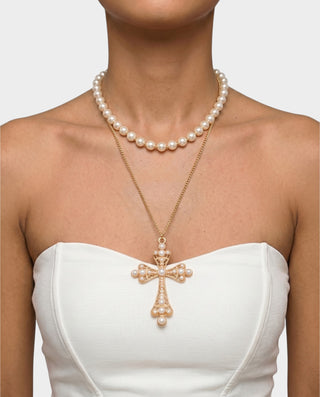 Conjunto de collar de perlas y colgante de cruz grande QUINTIS