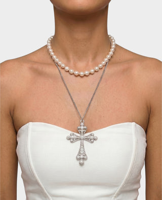 Conjunto de collar de perlas y colgante de cruz grande QUINTIS