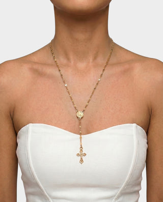 Coin Cross Drop Gold Lariat Necklace