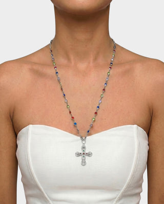 Beaded Gemstone Cross Pendant Necklace