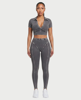 ALLIE Ribbed Zip Polo Crop Top & Legging Set