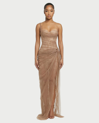 RINA One-Shoulder Lace Corset Maxi Dress