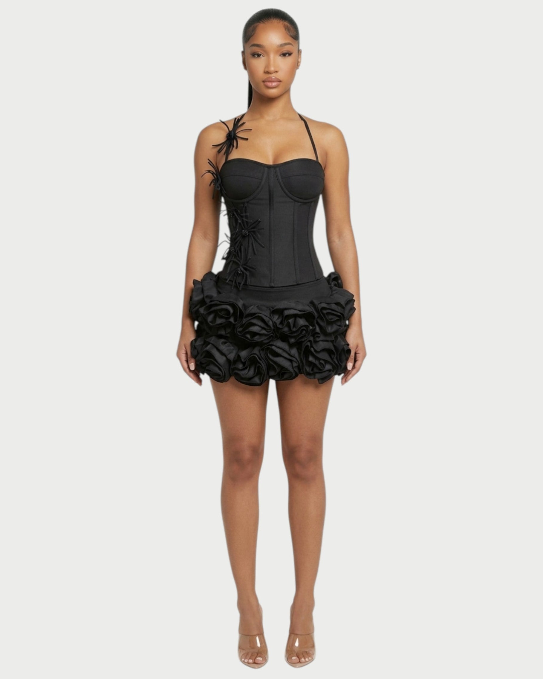 STUCY Floral Appliqué Corset & Mini Skirt Set – Celestia