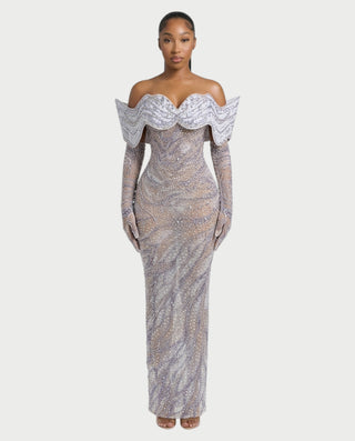 NELKA Rhinestone Off-Shoulder Mesh Maxi Dress