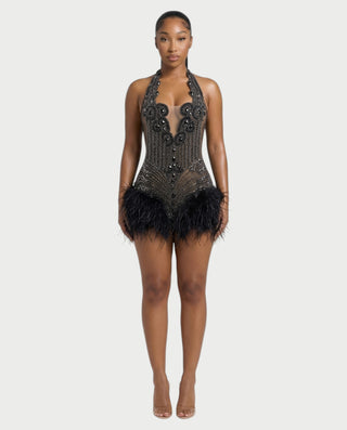 MIRAL Feather Trim Rhinestone Halter Mini Dress