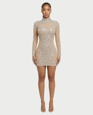 ROLANE Sheer Mesh Rhinestone Embellished Bodycon Mini Dress