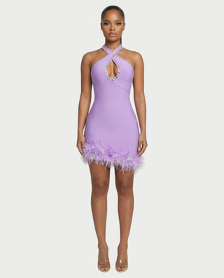 QUENCY Crystal Halter Feather Trim Mini Dress QUENCY Crystal Halter Feather Trim Mini Dress
